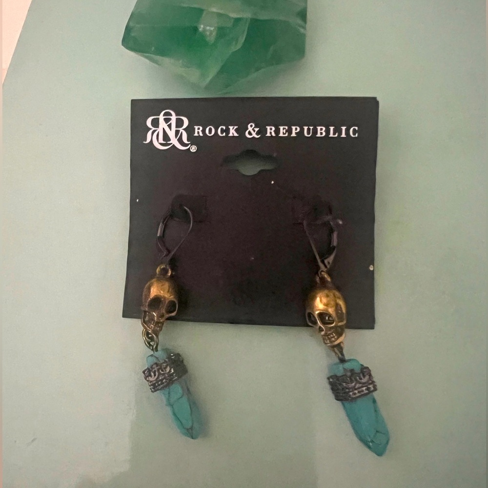 Rock & Republic Gold Brass and Blue Hexagon Turquoise Dangle Earrings